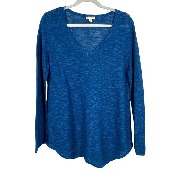 Eileen Fisher Organic Linen Cotton Knit Top V-Neck Easy Fit Long Length Blue Med - Picture 2 of 11